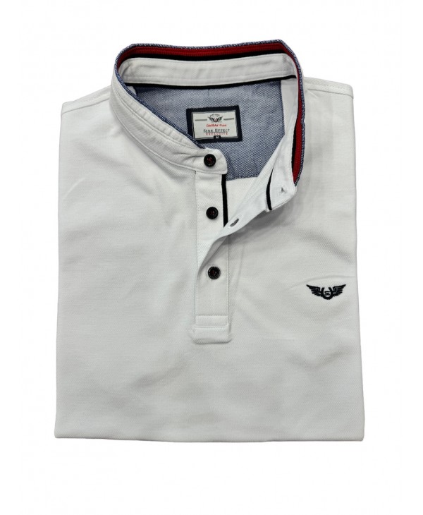 Ανδρικό μπλουζάκι Μάο λευκό με κόκκινες και μπλε λεπτομέρειες ΠΟΛΟ ΚΟΥΜΠΙ ΚΟΝΤΟ ΜΑΝΙΚΙ