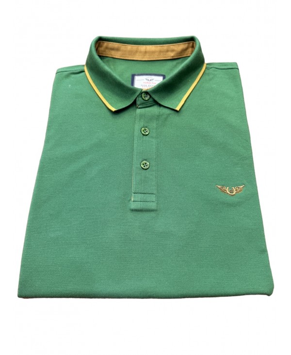 Green men's polo shirt with beige details SHORT SLEEVE POLO 