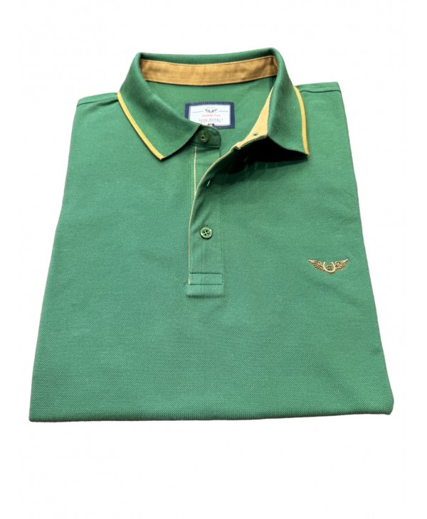 Green men's polo shirt with beige details SHORT SLEEVE POLO 