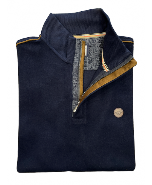 Blouse with zipper on a blue base with brown details of side effect POLO ZIP LONG SLEEVE
