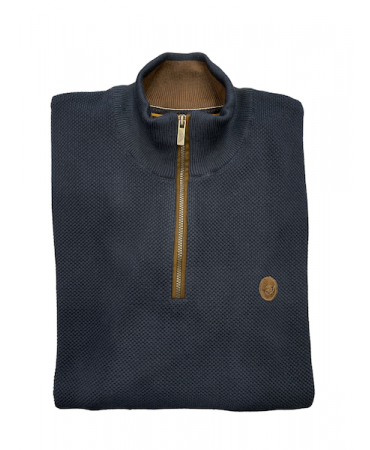 Men's blouse knitted in a loop with a zipper in blue color with brown trims