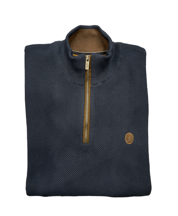 Men's blouse knitted in a loop with a zipper in blue color with brown trims POLO ZIP LONG SLEEVE