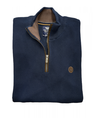 Men's blouse knitted in a loop with a zipper in blue color with brown trims