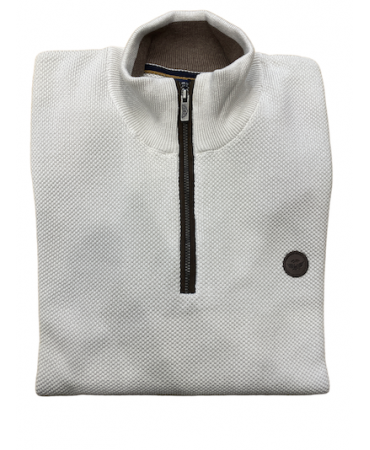 Blouse in knitted cotton with off-white zipper and brown trims