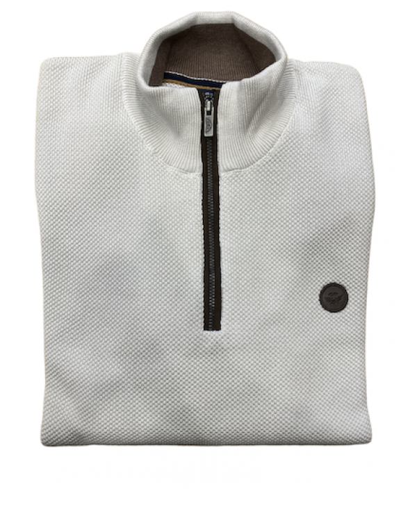 Blouse in knitted cotton with off-white zipper and brown trims POLO ZIP LONG SLEEVE