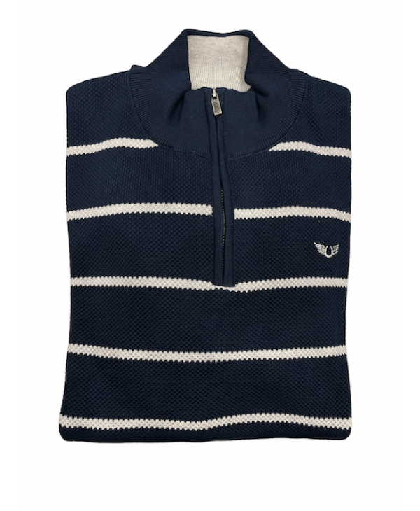 Side Effect blouse with zip in knitted cotton on a blue base with a white stripe POLO ZIP LONG SLEEVE