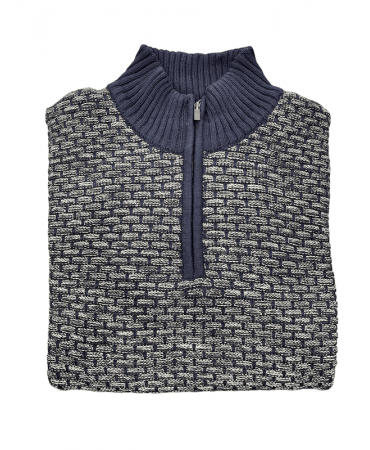 Zip-up blouse on a blue base with a gray geometric pattern
