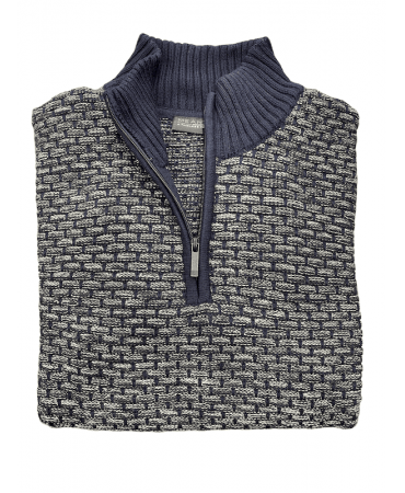 Zip-up blouse on a blue base with a gray geometric pattern