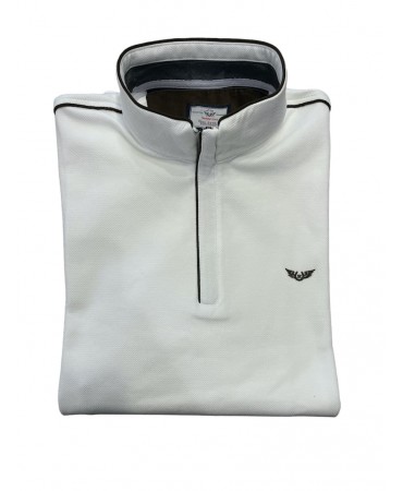 Polo shirt with zipper in off-white color with brown trim