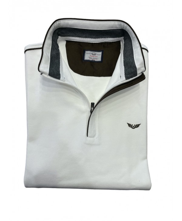 Polo shirt with zipper in off-white color with brown trim POLO ZIP LONG SLEEVE