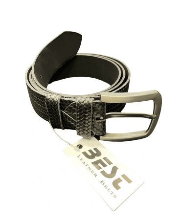 Black leather belt with knitted pattern.