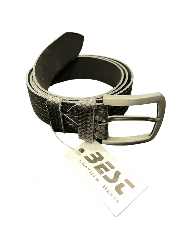 Black leather belt with knitted pattern. BELTS