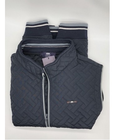 Makis Tselios quilted blue vest with gray trim and side pockets
