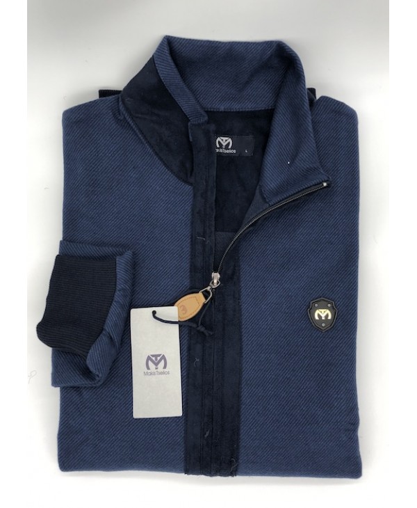 Makis Tselios Cardigan with Blue Zipper with Side Pockets and Suede Finishes JACKETS