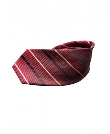 Tie in deep red with gray and black stripes