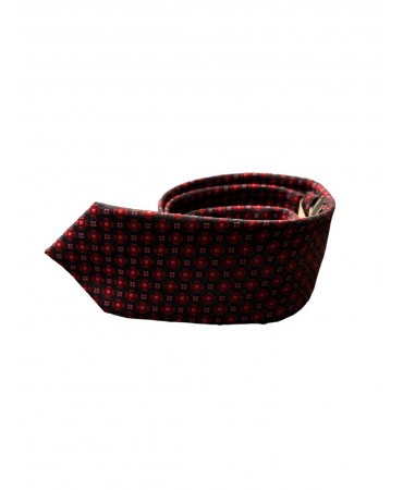 Blue tie with burgundy and red pattern