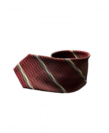 Burgundy tie with gray and black stripes