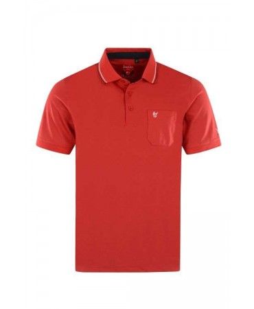 Red short sleeve polo shirt with pocket and white and blue details on the collar