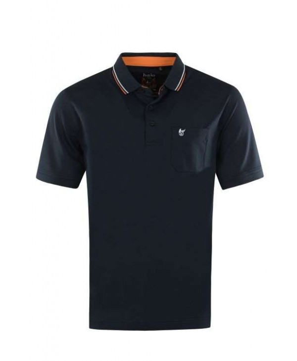 Blue t-shirt with white and orange trim on the collar by Hajo SHORT SLEEVE POLO 