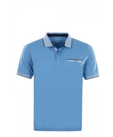Polo shirt with a button in light blue color with a special design on the collar and placket