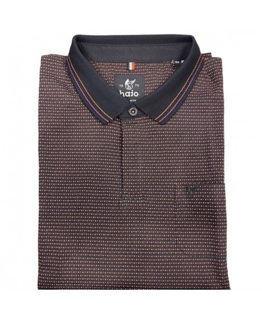 Men's polo on a black base with an orange and purple small design and placket on the buttons