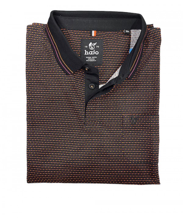 Men's polo on a black base with an orange and purple small design and placket on the buttons SHORT SLEEVE POLO 