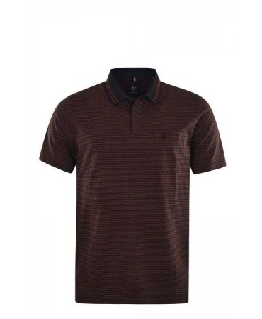 Short sleeve polo shirt in black base with orange and purple small pattern