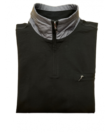 Hajo blouse in black color with zipper and pocket as well as trims on the collar gray