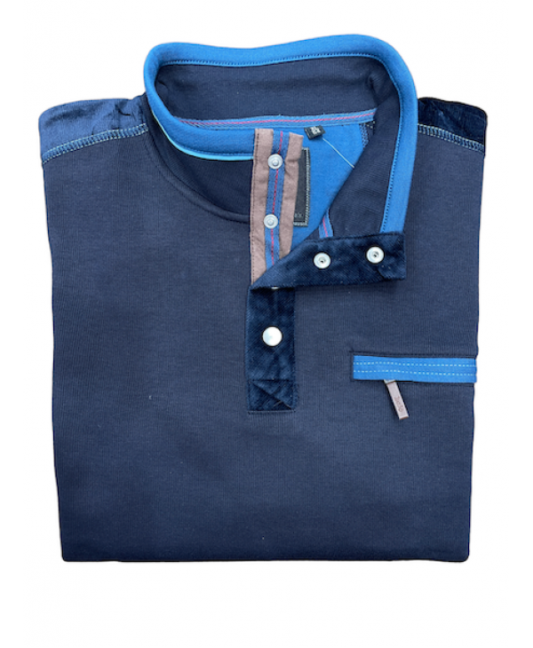 Hajo blouse with zipper and buttons in blue with pocket and petrol with beige trim POLO ZIP LONG SLEEVE