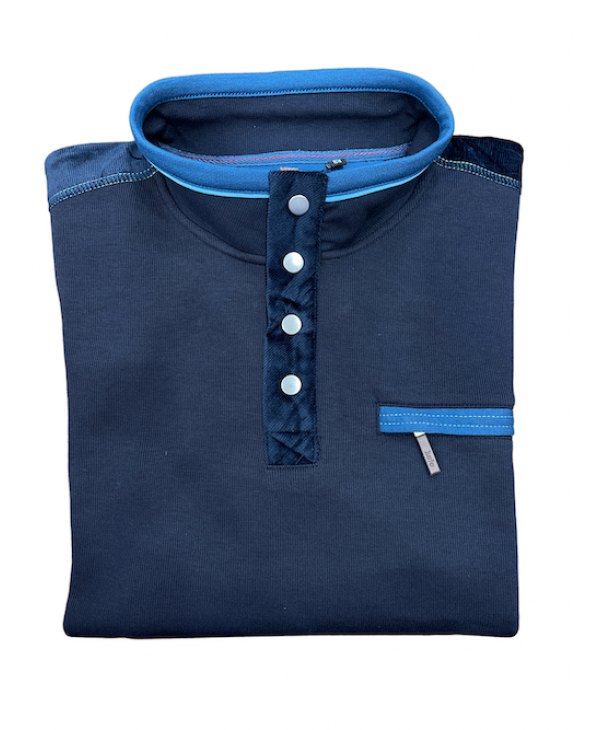 Hajo blouse with zipper and buttons in blue with pocket and petrol with beige trim POLO ZIP LONG SLEEVE
