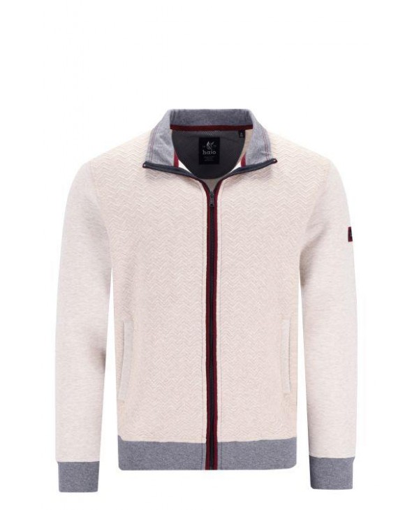 Off-white zip-up cardigan with burgundy and gray herringbone embossed pattern JACKETS