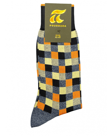 Pournara socks in blue base with small squares in beige, seam and orange color