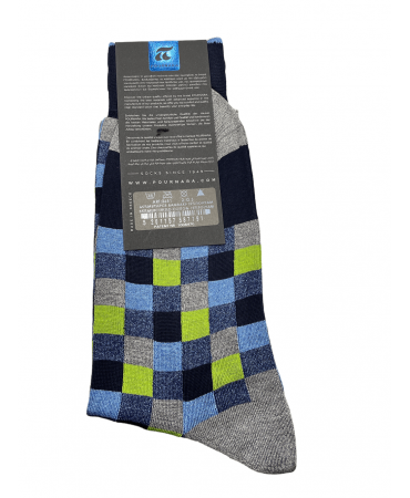 DESIGN SOCKS holly on a gray base with small squares in blue, seam and green color