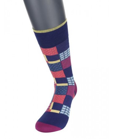 DESIGN SOCKS POURNARA in Blue Base with Large Multicolored Checkered