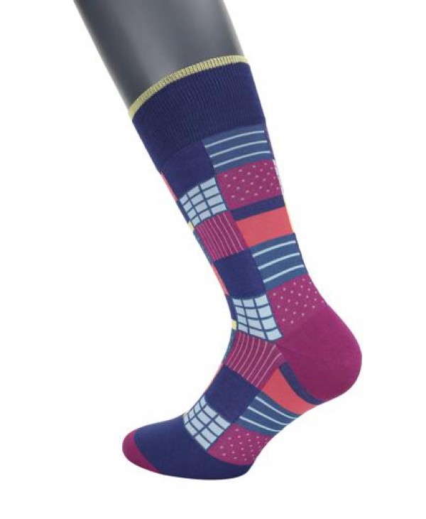 DESIGN SOCKS POURNARA in Blue Base with Large Multicolored Checkered POURNARA FASHION Socks