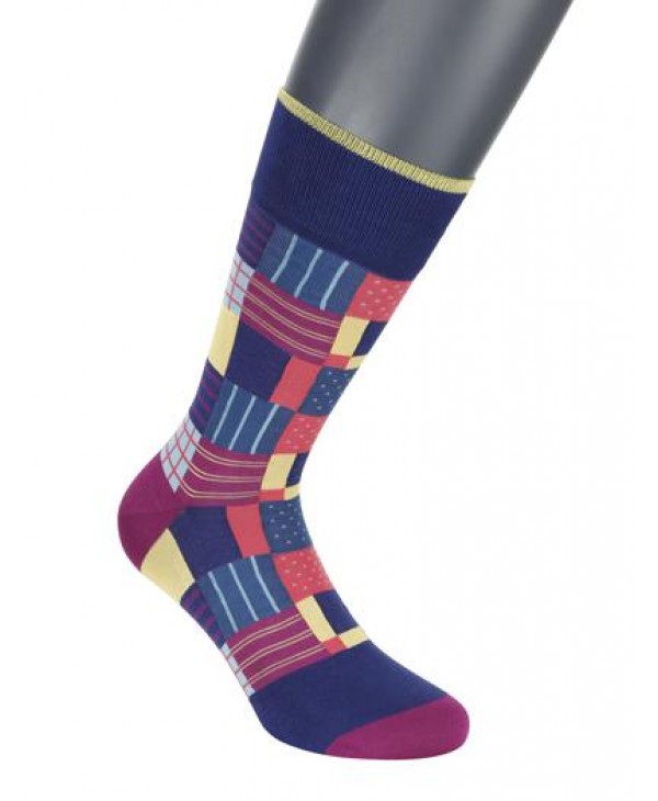 DESIGN SOCKS POURNARA in Blue Base with Large Multicolored Checkered POURNARA FASHION Socks