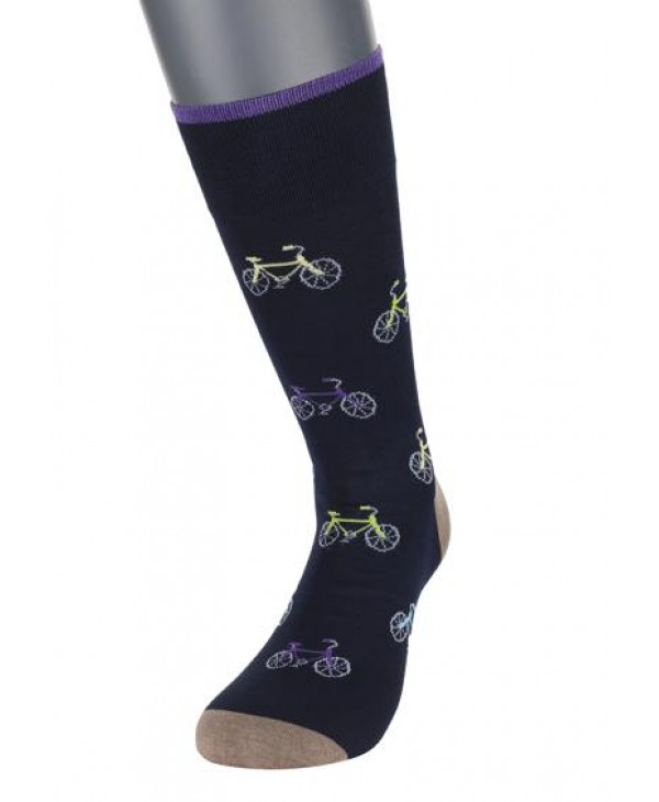 Fashion 100% Cotton Sock in Blue Base with Colorful Bicycles