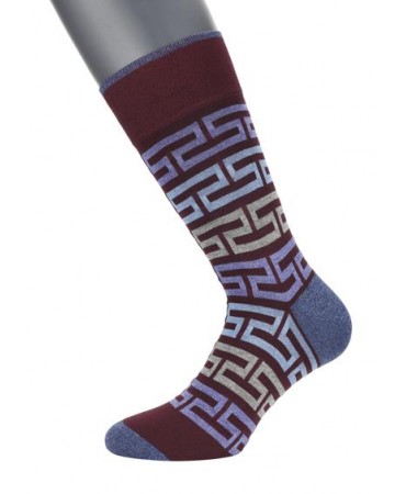 DESIGN SOCKS POURNARA in Red Base with Purple Blue and Gray Meanders