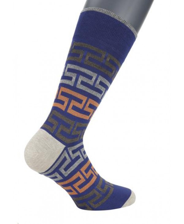 DESIGN SOCKS POURNARA σε Μπλε Βαση με Καφε Μπεζ και Πορτοκαλι Μαιανδρο POURNARA FASHION Socks