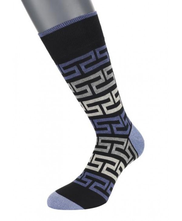 DESIGN SOCKS POURNARA in Black Base with Blue and Beige Meander POURNARA FASHION Socks