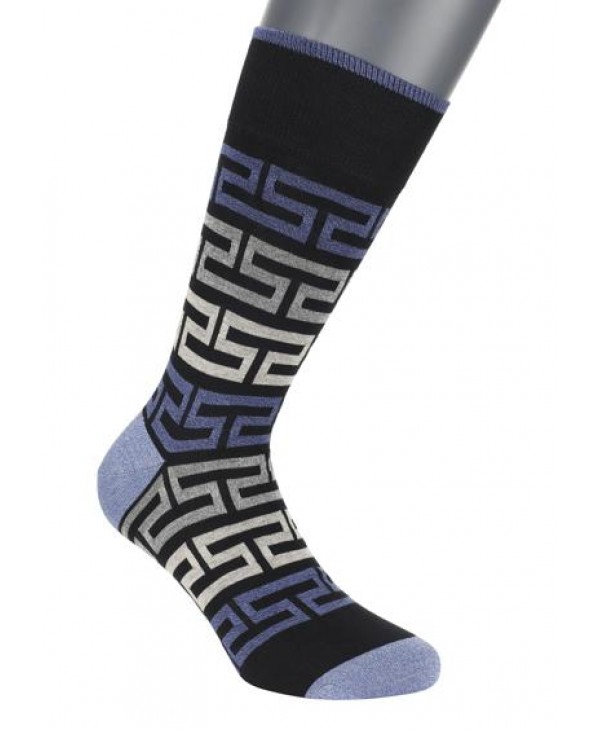 DESIGN SOCKS POURNARA in Black Base with Blue and Beige Meander POURNARA FASHION Socks