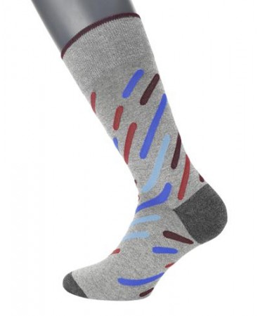 POURNARA Socks in Gray Base with Sloping Asymmetrical Multicolored Stripes