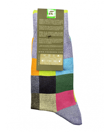 Sock with large squares in light blue, green, orange, fuchsia and blue on a purple base