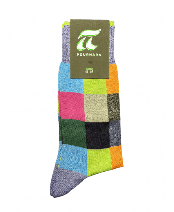Sock with large squares in light blue, green, orange, fuchsia and blue on a purple base POURNARA FASHION Socks