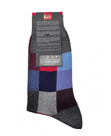 POURNARA DESIGN SOCKS in carbon base with red blue blue and purple squares