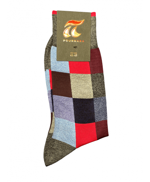 POURNARA DESIGN SOCKS in carbon base with red blue blue and purple squares POURNARA FASHION Socks
