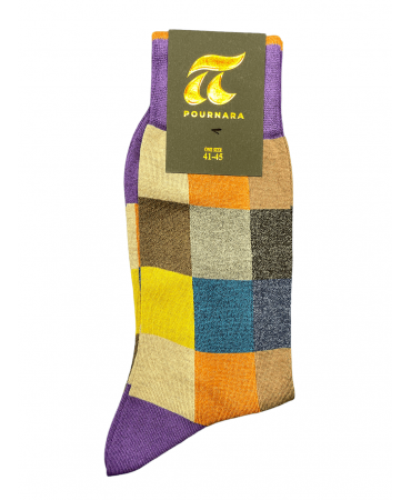 Pournara sock with checkered brown, gray, petrol, mustard and purple