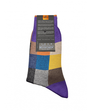 Pournara sock with checkered brown, gray, petrol, mustard and purple