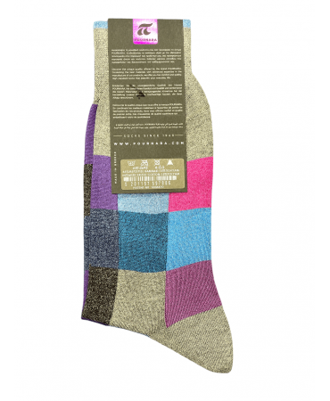 Pournara sock with large squares in blue, purple, anthracite, fuchsia and petrol on a gray base