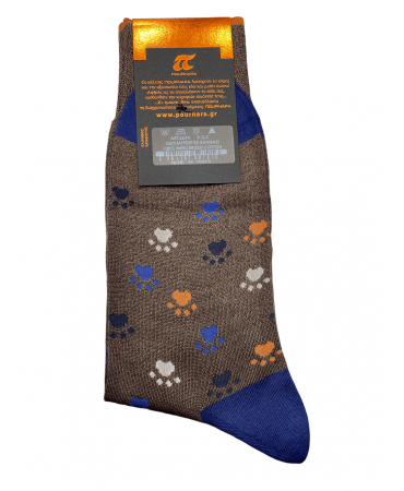 Pournara Fashion sock in brown base with orange and blue slippers